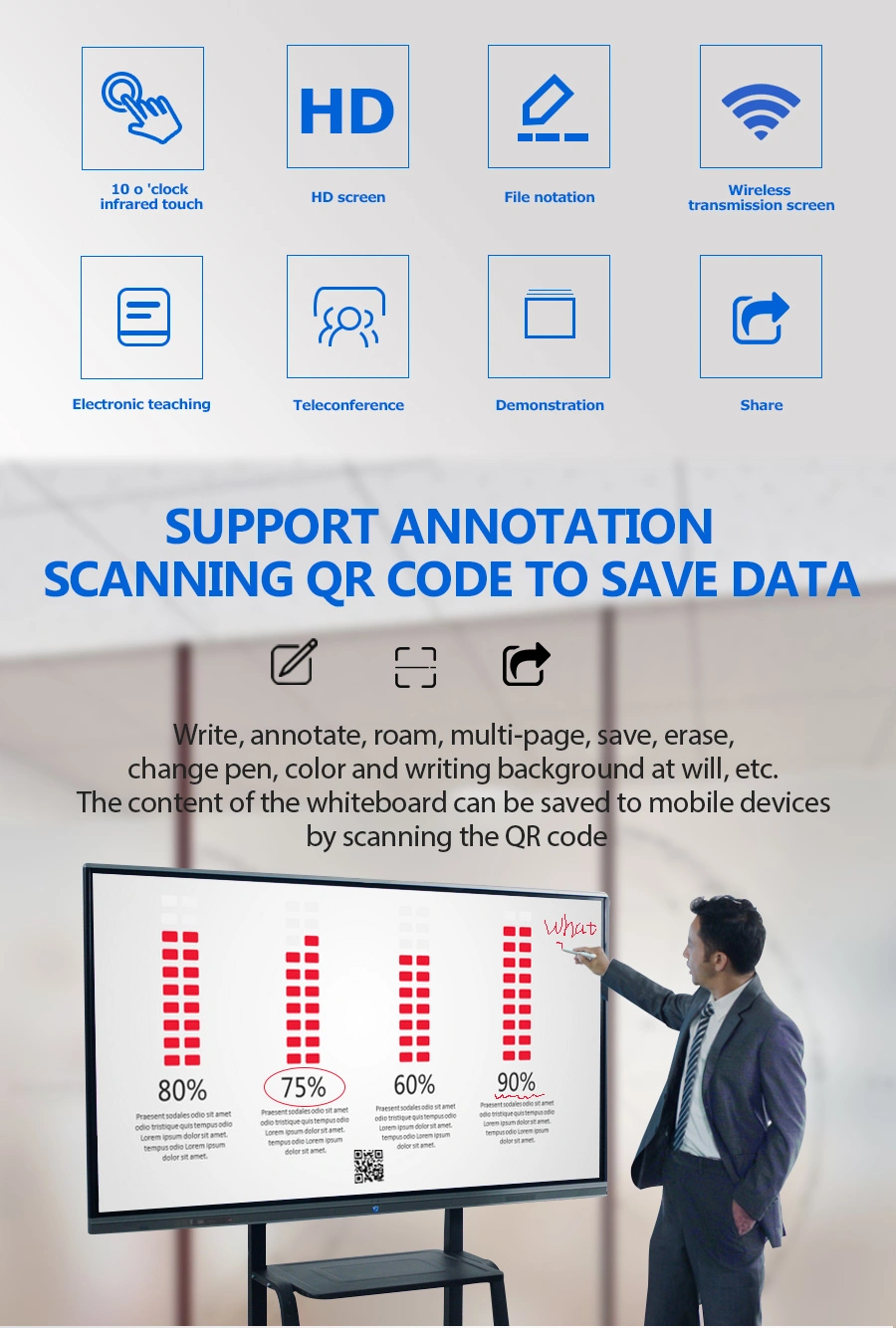 65 75 85 Inch Display LCD IR Touch Screen White Dry Erase Board Magnetic Wheels Whiteboard Writing Smart Interactive Flat Panel